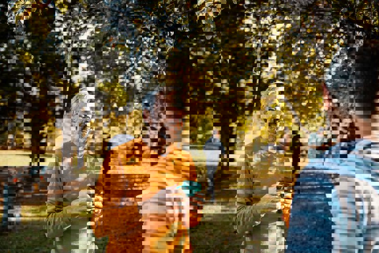 two men in a park talking and laughing two men in a park talking and laughing